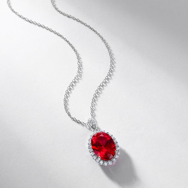 S925 Sterling Silver Lab-Grown Ruby Oval Faceted Necklace