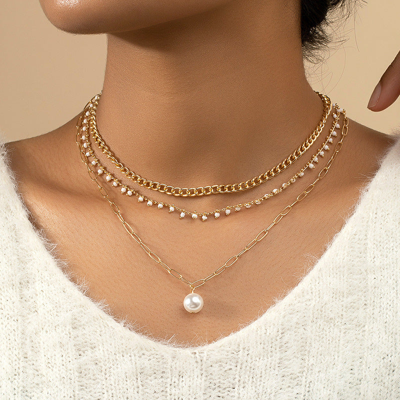 European Charm Three-Layer Beaded Pendant Necklace with Imitation Pearl Accent