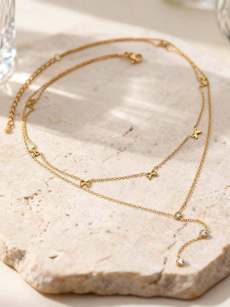 Stainless for Women Bow Round Snake Chain Double Layer Stacked Fringed Necklace