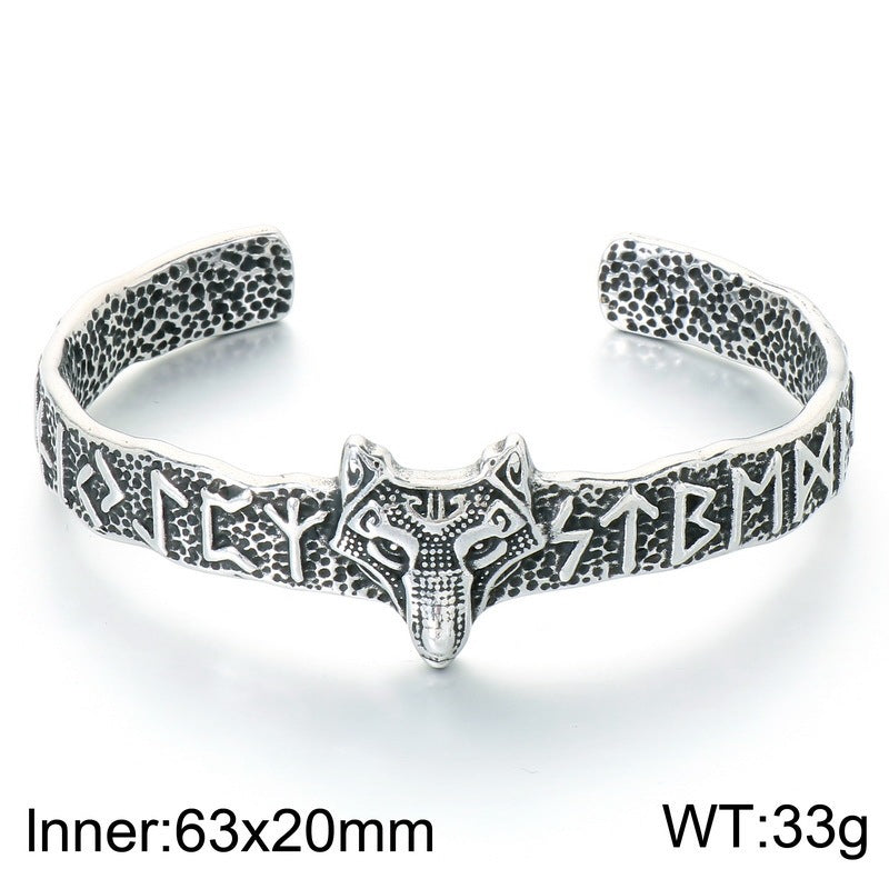Nordic Viking Warrior Luhn Rune C-Type Bracelet Wolf Head Stainless Steel Men's Open
