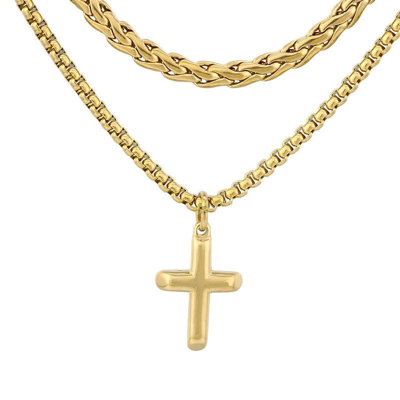 Hip-Hop Trendy Men Stacked Cross Pendant Double-Layer Square Pearl Flower Basket Chain Titanium Necklace