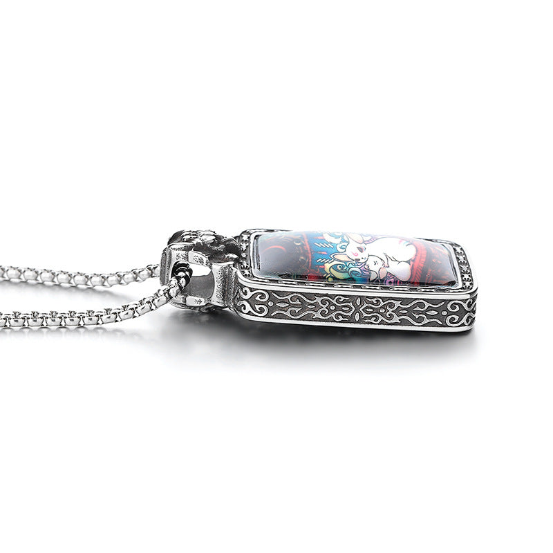 Steel Necklace – Elegant Thangka Zodiac Guardian God Of Wealth Carving, Planderful