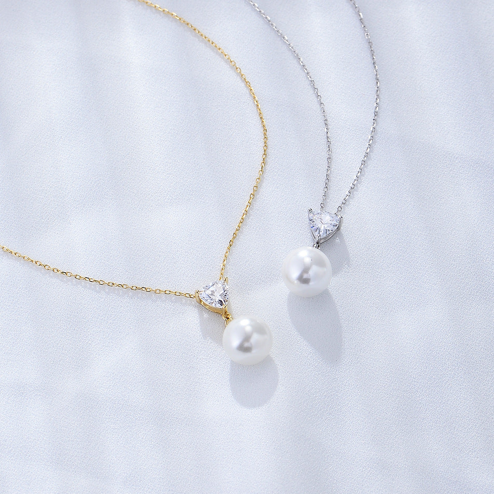 S925 Sterling Silver Heart-Shaped Zircon Pearl Necklace Sense