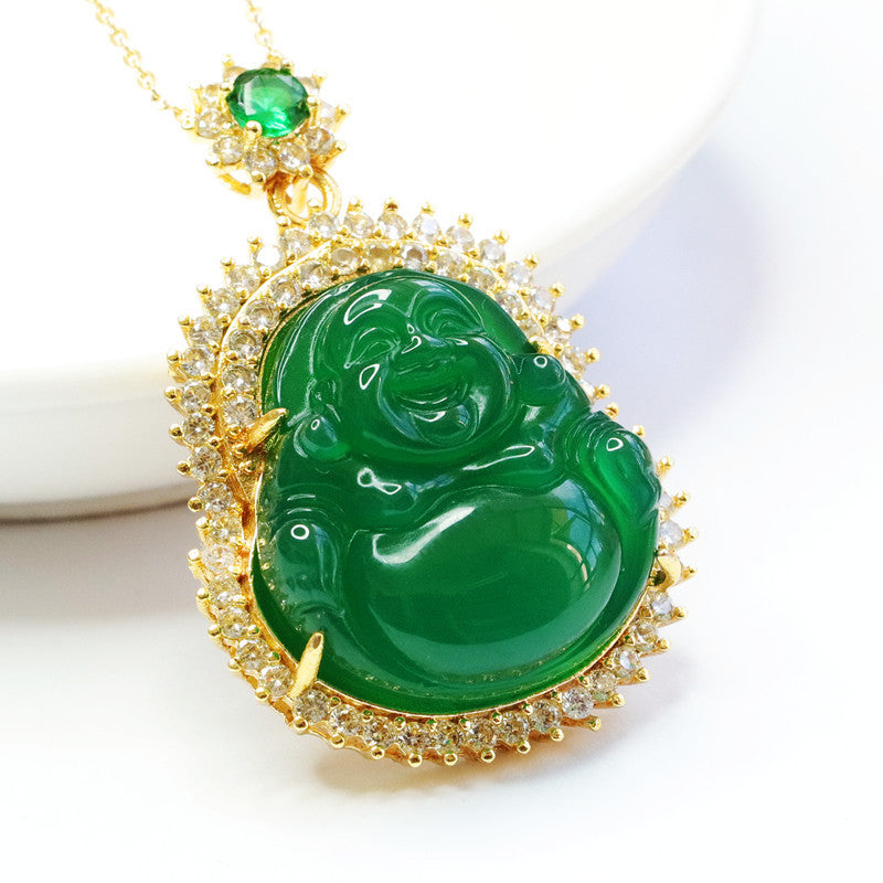 Green Chalcedony Buddha Pendant Sterling Silver Necklace with Zircon Accents