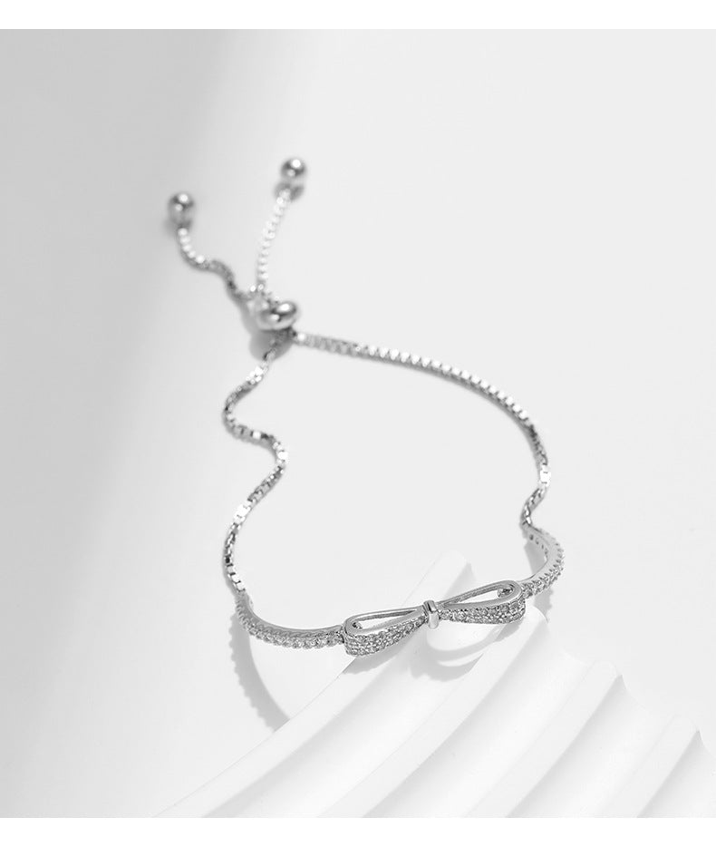 Elegant 925 Sterling Silver Bow Bracelet with Full Zircon Box Chain Embellishment