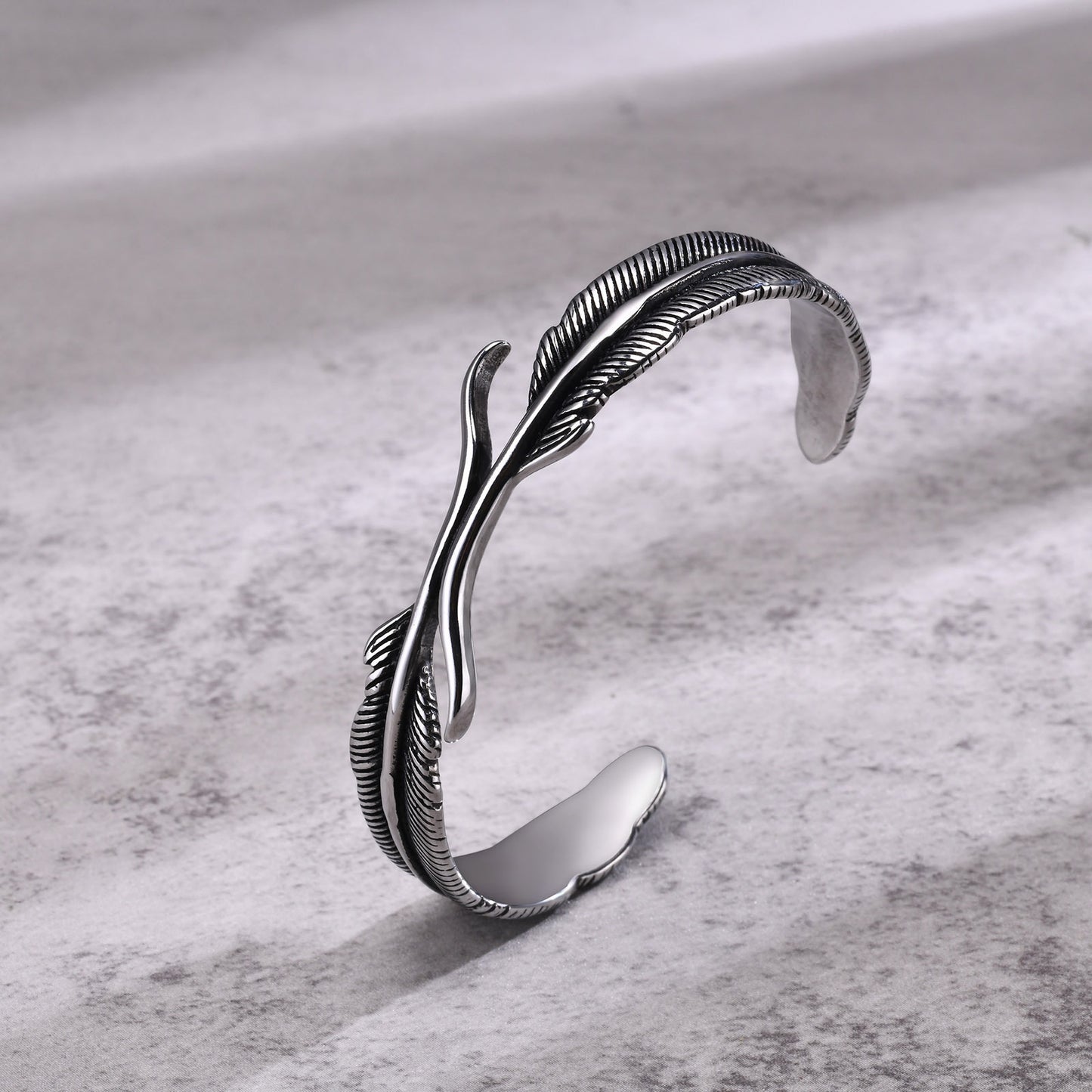 Mens Stainless Steel Open Bracelet Vintage Twist Braided Feather