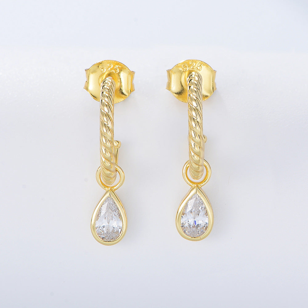 Classic Earrings Tremella S925 Sterling Silver C-Shaped Stud Earrings, Water Drop-Shaped Zircon Earrings.