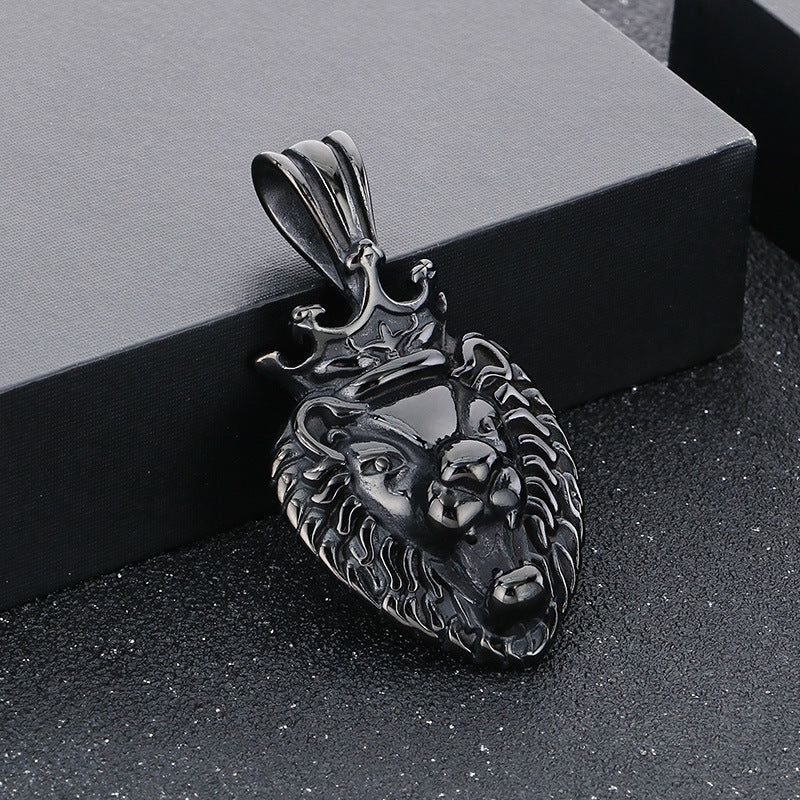 Planderful Lion Head Zircon Pendant Steel Mens Necklace