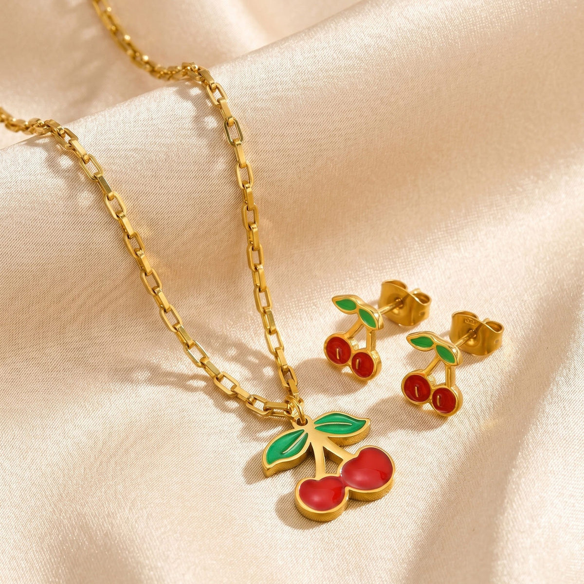 Cute Dopamine Stainless Steel Cherry Stud Earrings Necklace Set Sweet Daily Gift