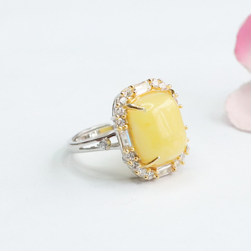 Sterling Silver Adjustable Ring with Beeswax Amber and Zircon Detail