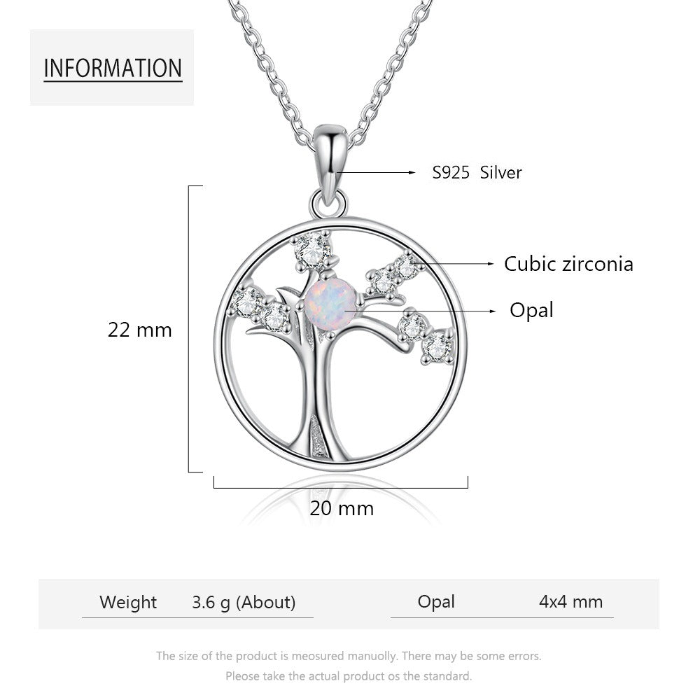 Planderful Jewelry Opal Necklace Zircon Tree Of Life In Sterling Silver S925 Elegant Design