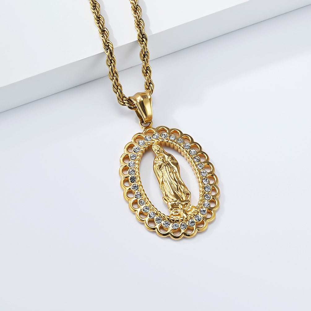 Stainless Steel Zircon Gold-Plated Virgin Mary Necklace
