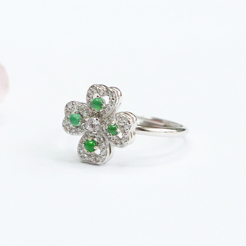 Icy Green Jadeite Clover 925 Silver Ring
