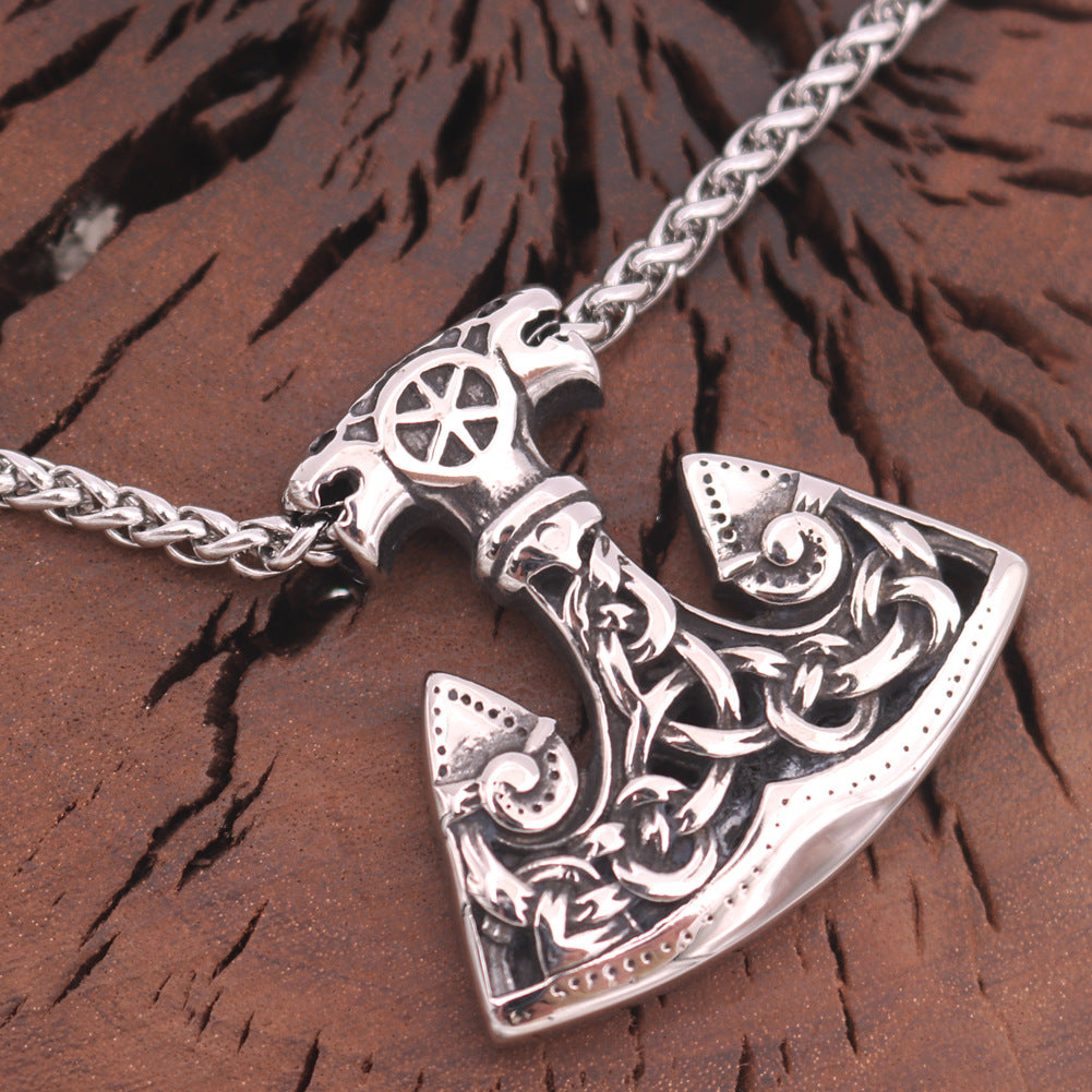 Nordic Wolf Stainless Steel Necklace with Flower Chain - Men's Viking Jewelry