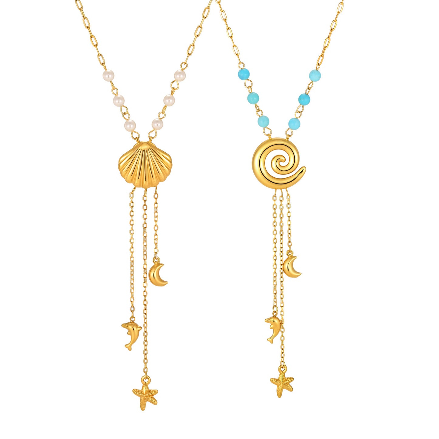 Summer Ocean Wind Stainless Steel Rectangular Chain Imitation Pearl Ocean Shell Fringed Necklace