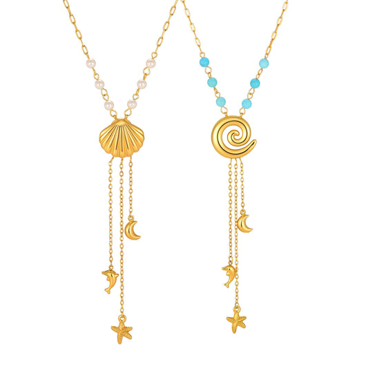 Summer Ocean Wind Stainless Steel Rectangular Chain Imitation Pearl Ocean Shell Fringed Necklace