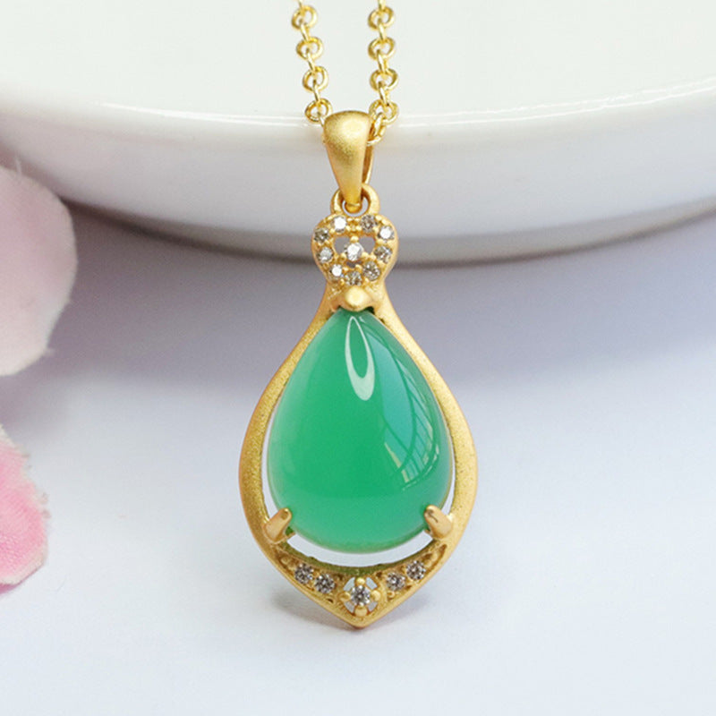 Sterling Silver Necklace with Green Chalcedony Droplet Pendant and Zircon Details