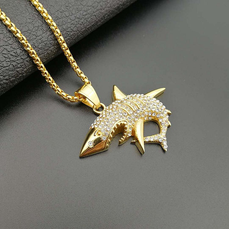 Planderful Titanium Steel Zircon Shark Pendant Unisex Hip Hop Jewelry Statement Accessory