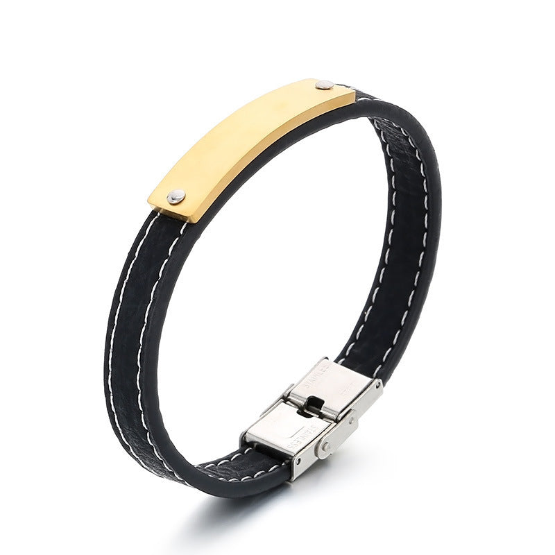 Stainless Steel Curved Bar Men's Bracelet – Business Leather Bracelet