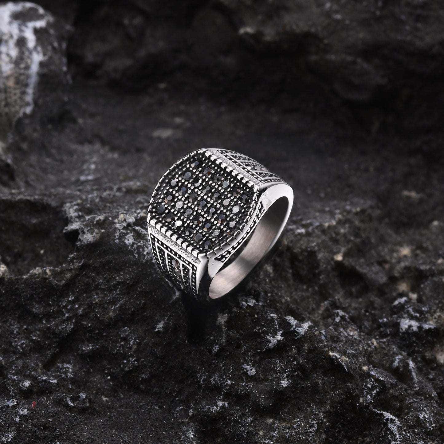 Stainless Steel Black Zircon Seal Casting Ring For Men