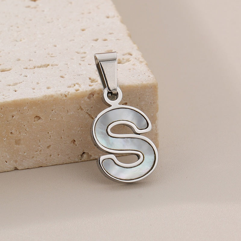 Women's'S Titanium Steel 26-Letter Pendant, White Fritillary Inlaid Stainless Steel Necklace