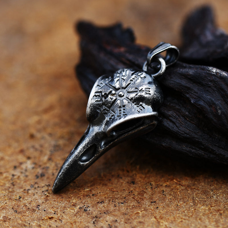 Nordic Viking Rune Compass Pendant - Retro Crow's Mouth Design in Stainless Steel for Men