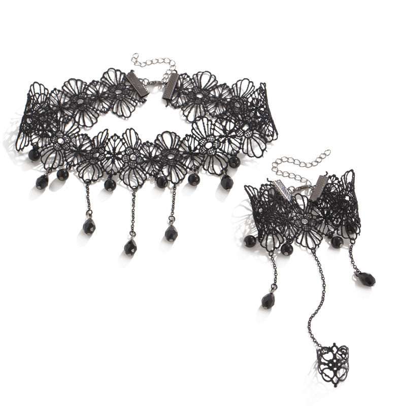 Gothic Crystal-Style Flower & Tassel Lace Necklace