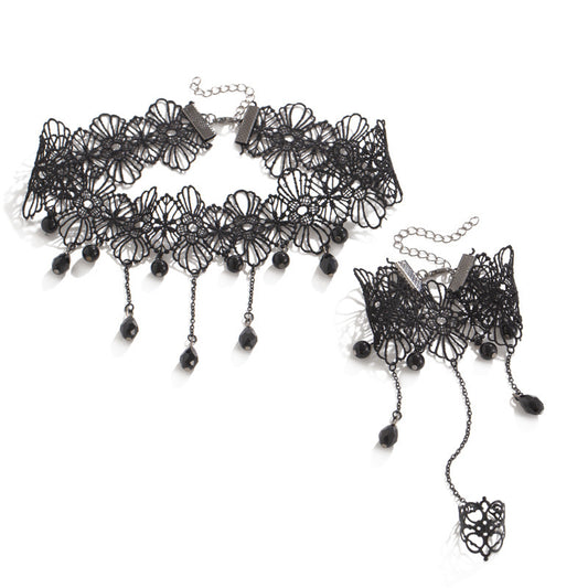 Gothic Crystal-Style Flower & Tassel Lace Necklace