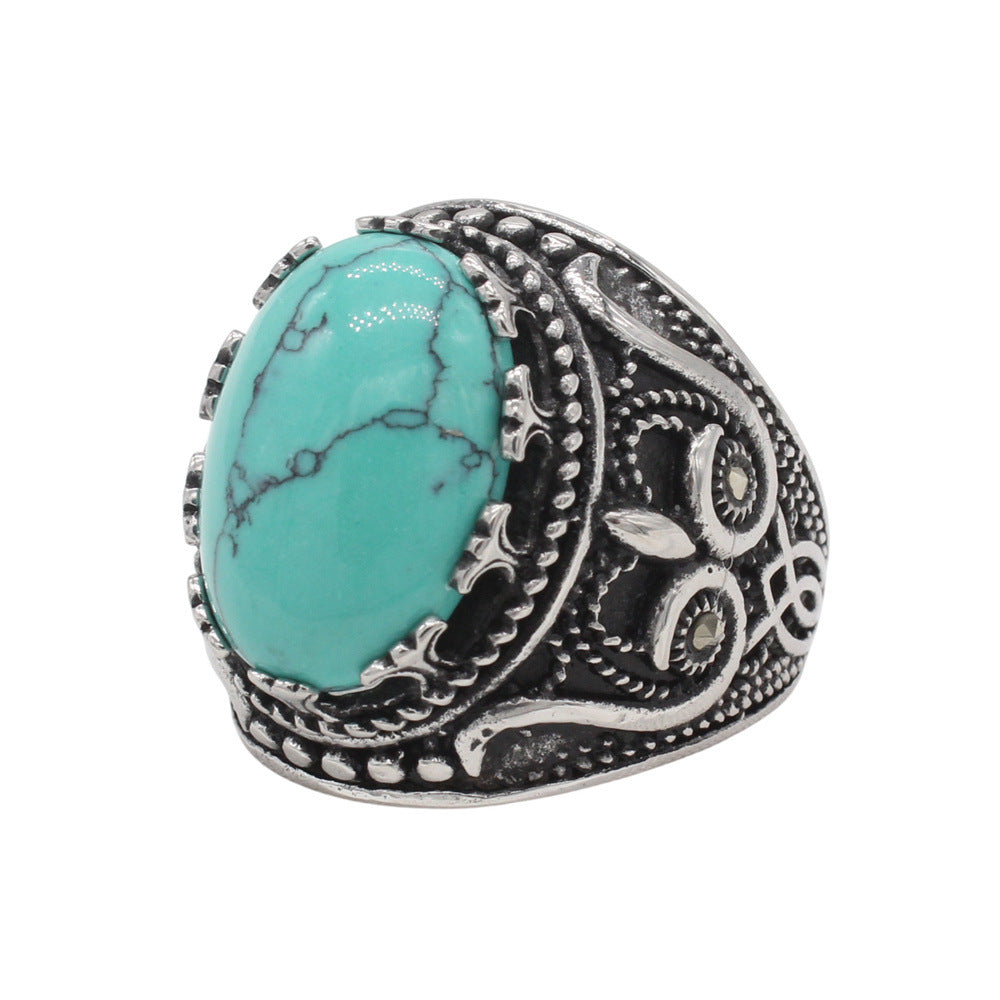 Planderful Titanium Steel Oval Gemstone Ring Unisex Punk Retro European American Style For Men Protection
