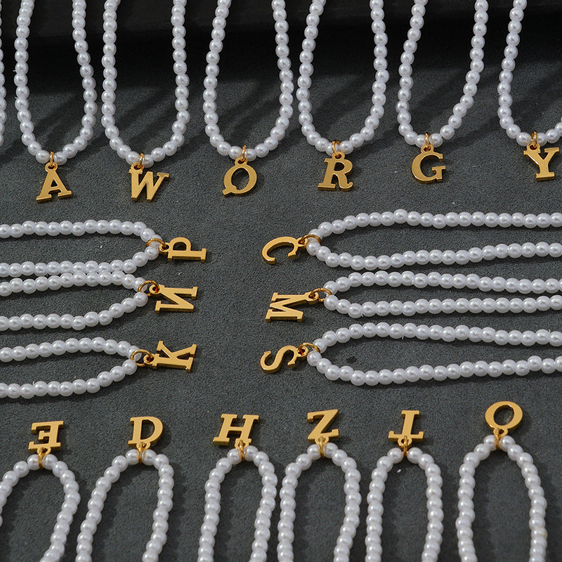 French Retro Pearl Necklace with Metal English Letter Pendant - Vienna Verve Collection