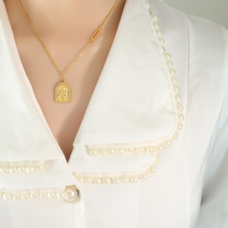 Luxurious Titanium Steel Gold-Plated Portrait Pendant Necklace - Exquisite Design for Elegant Women