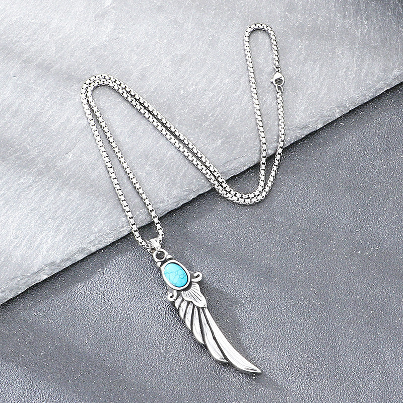 Axe Devil'S Eye Pendant, Ethnic Retro Turquoise Feather Pendant, Stainless Steel Men's Necklace