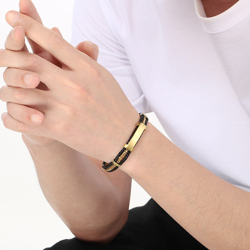 Business Men's Leather Rope Bracelet – Steel Wire Braided Multi-Layer Leather Rope