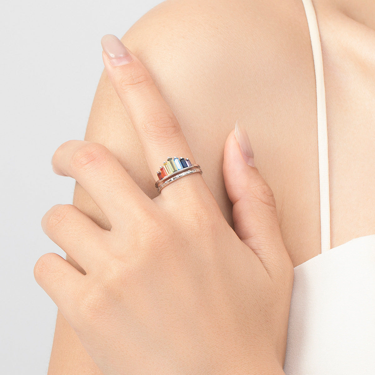 Adjustable Sterling Silver Rainbow Crown Ring for Women with Zircon Gemstone