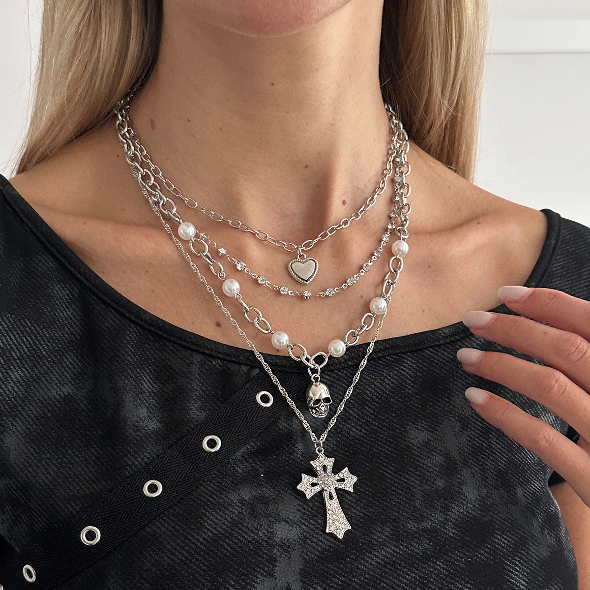 Crystal-Style Cross & Pearl Layered Necklace