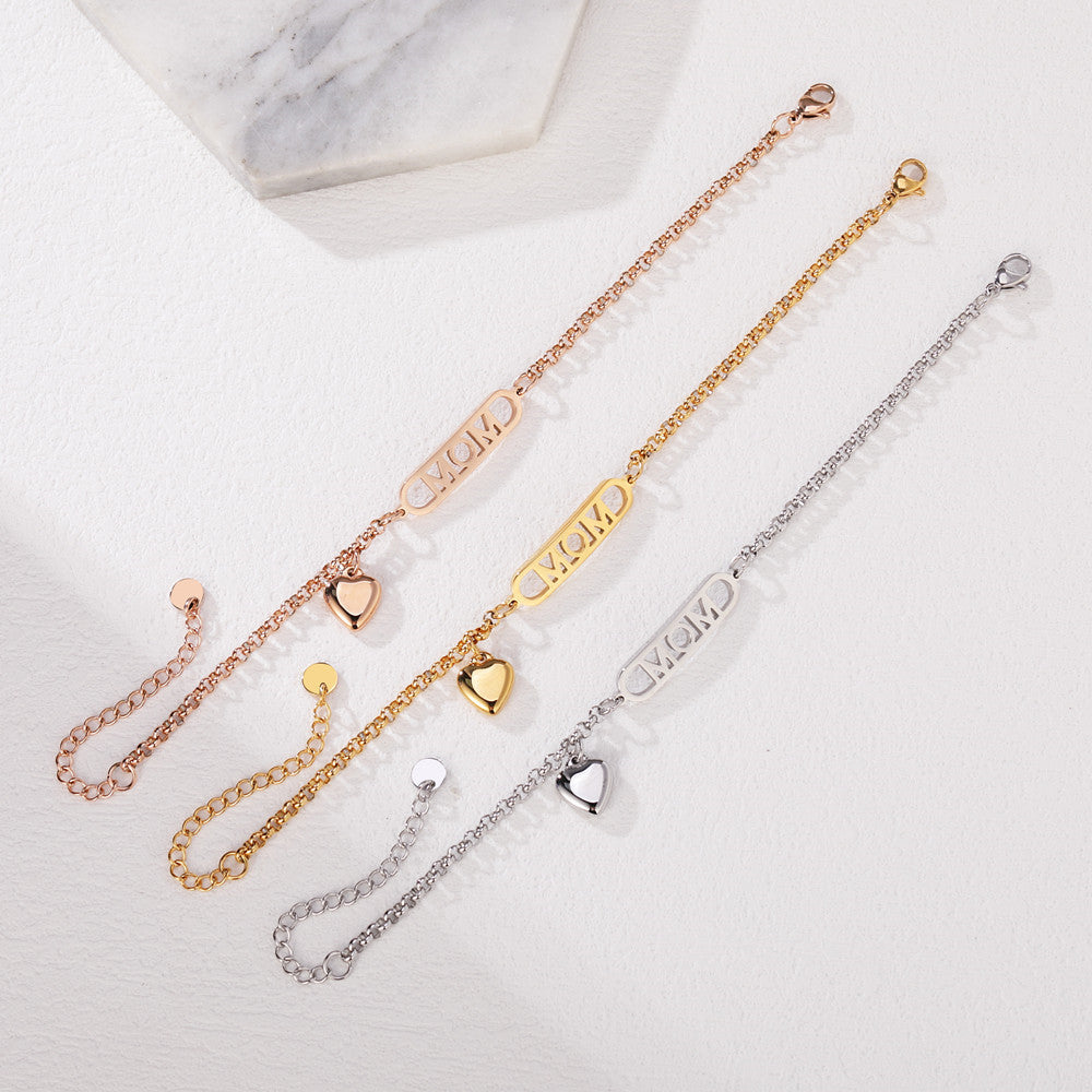 Planderful Rose Gold MOM Bracelet For Moms With Peach Heart Charm Japanese Korean Sweet Letters Everyday Gift