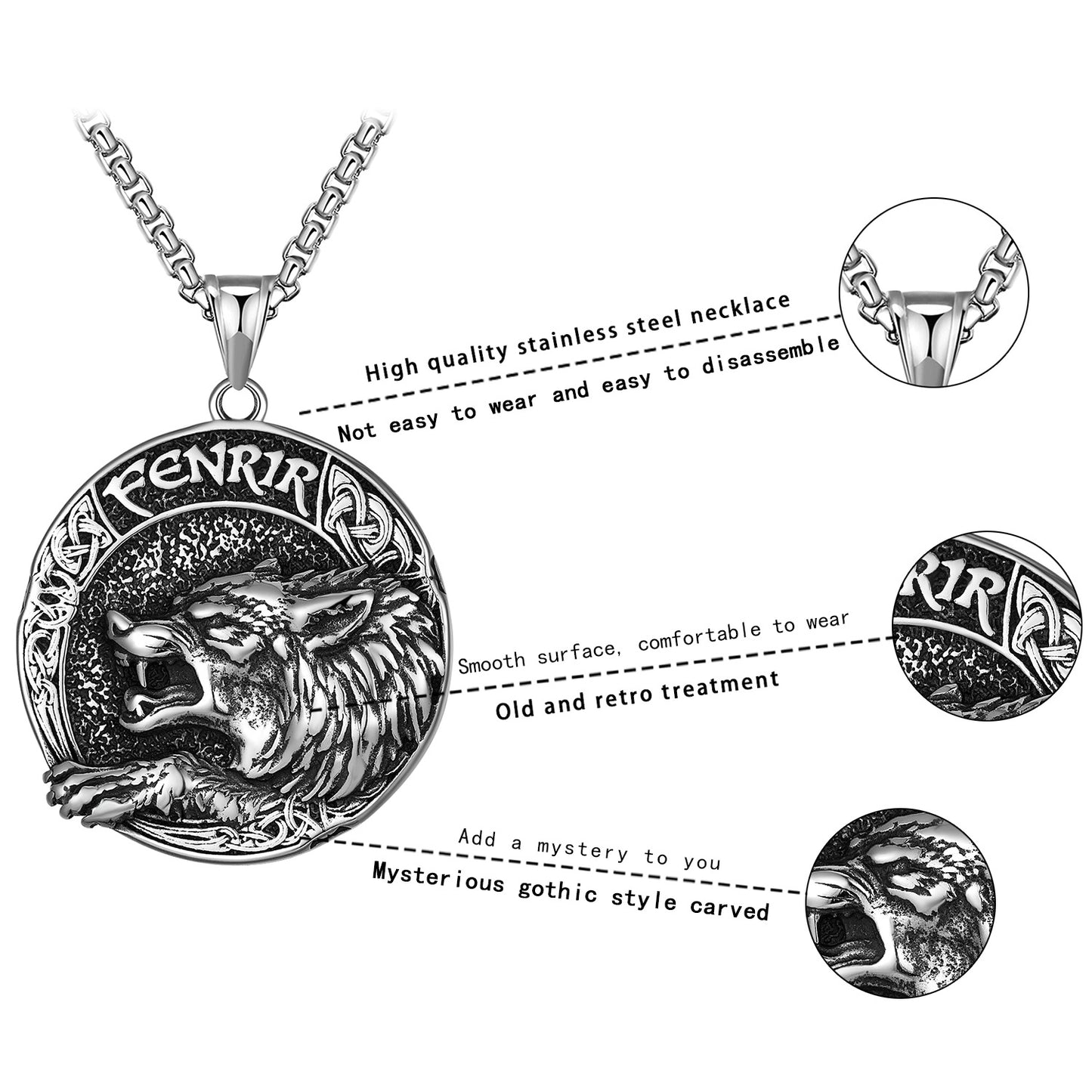 Steel Necklace - Statement Nordic Fenrir Wolf Viking Odin Pendant For Men By Planderful