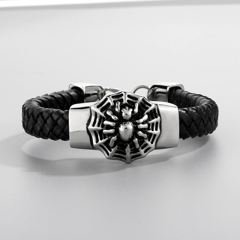 Two-Layer Leather Woven Bracelet – Casting Lion Head Snake Head Ghost Head Titanium