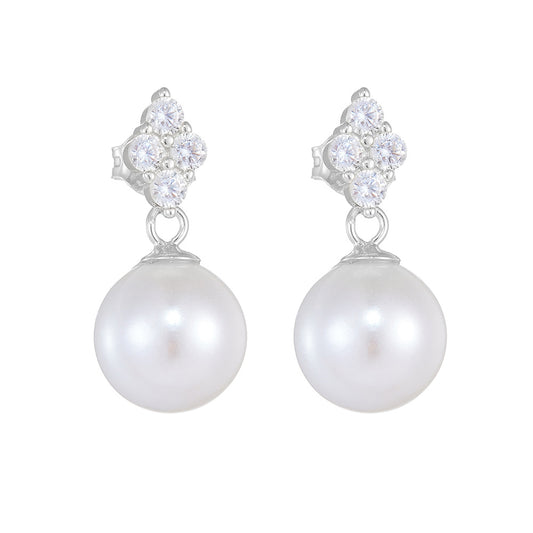 Round Pearl Pendant Zircon Sterling Silver Drop Earrings
