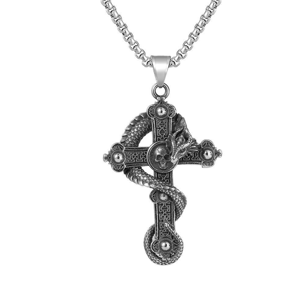 Dragon Cross & Feather Stainless Steel Pendant Necklace
