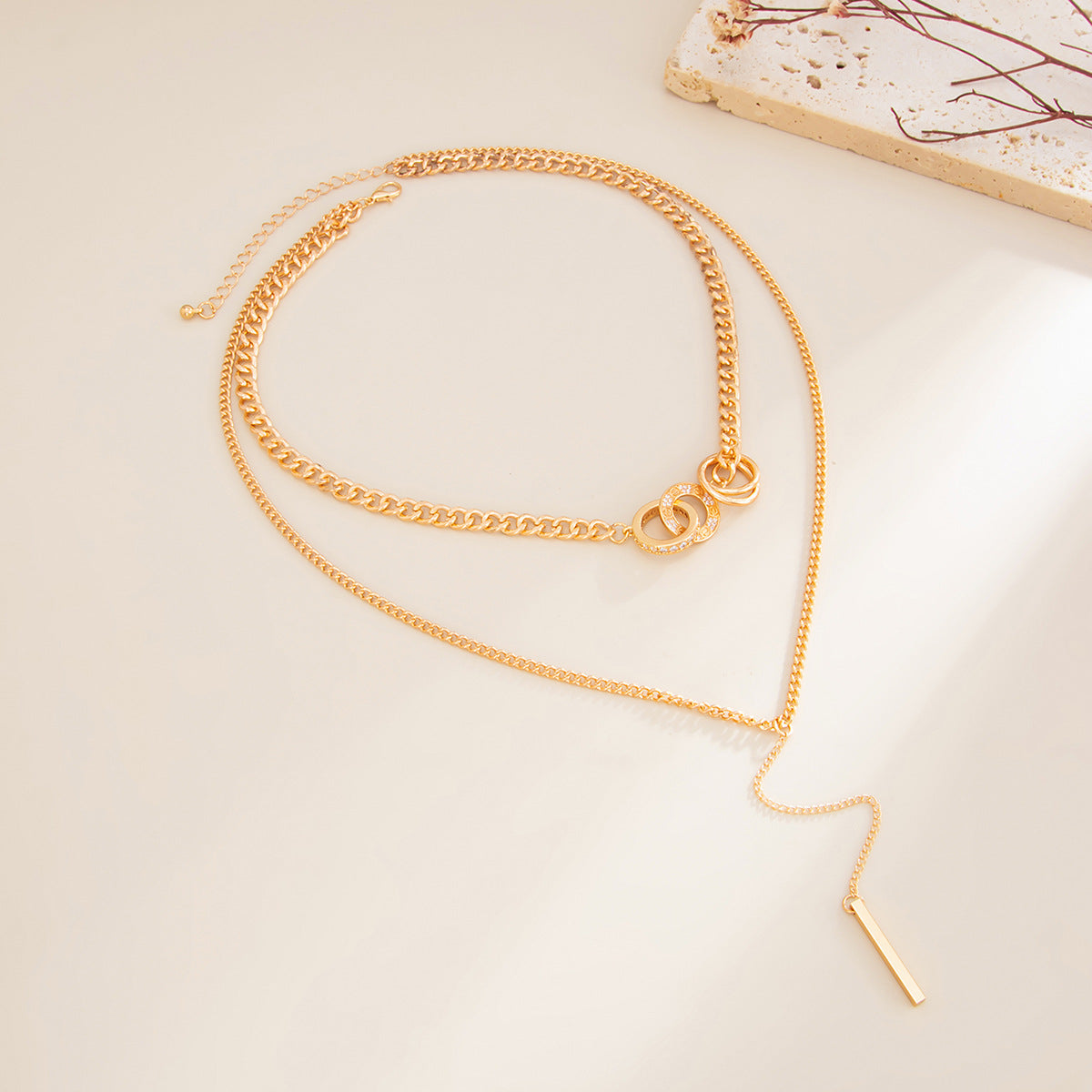 Bar & Double-Ring Layered Fringe Necklace