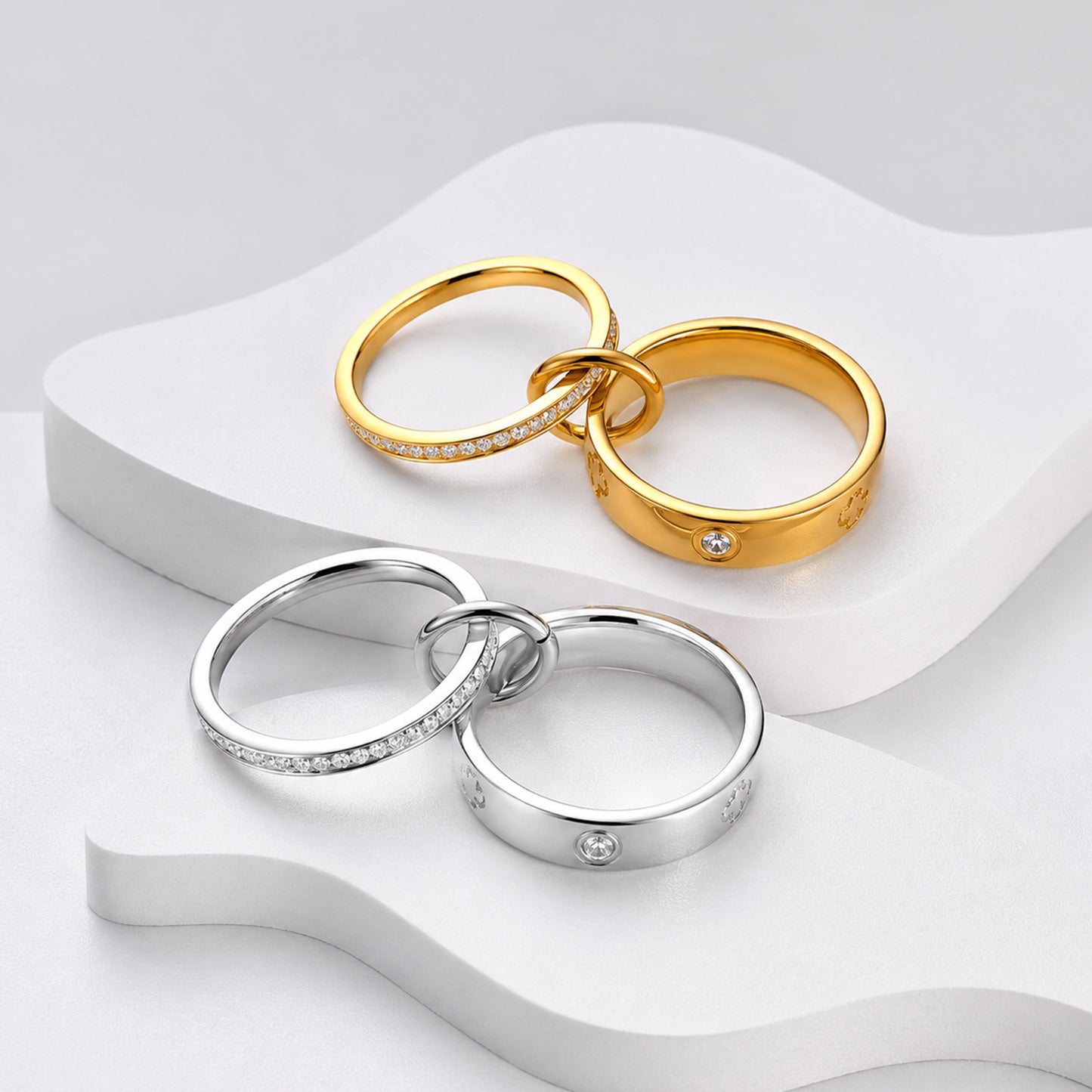 Planderful Interlocking Zircon Ring Stainless Steel Couple Ring Gold And Silver Two Tone Unisex Everyday Genie