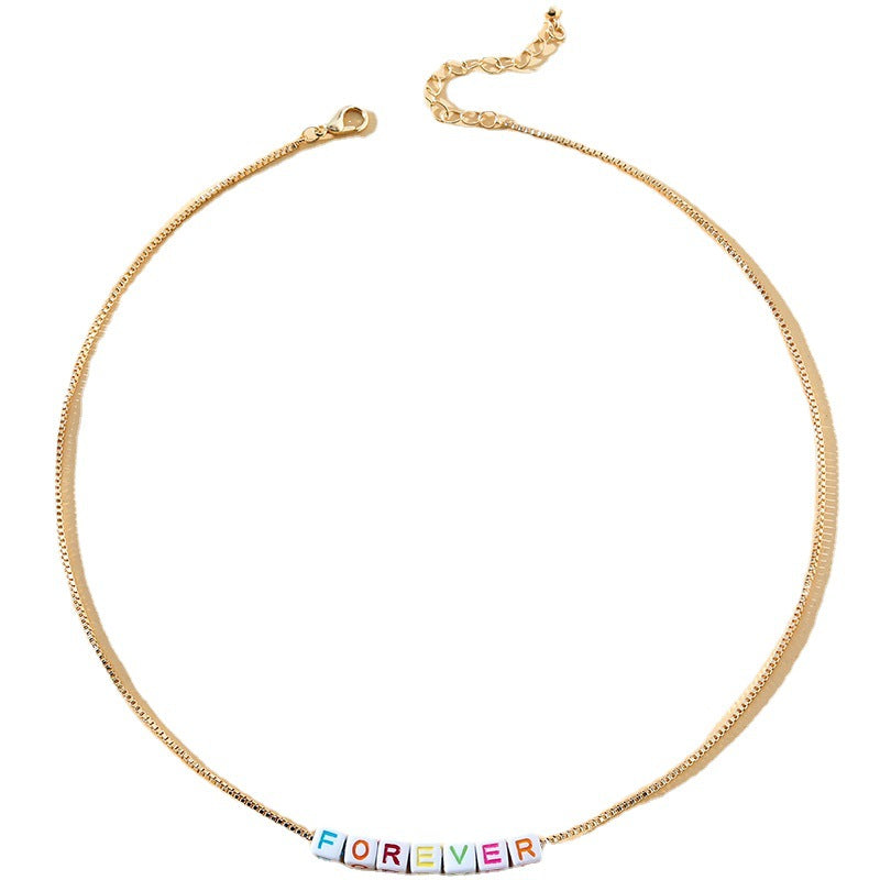 Colorful Enamel Geometric Pendant Necklace with Forever Letter Design