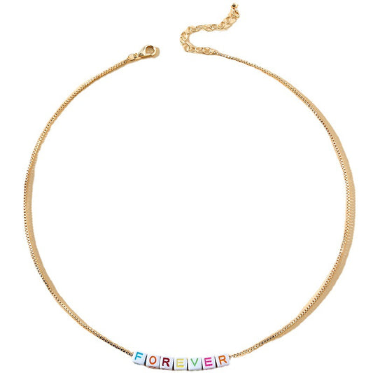 Colorful Enamel Geometric Pendant Necklace with Forever Letter Design