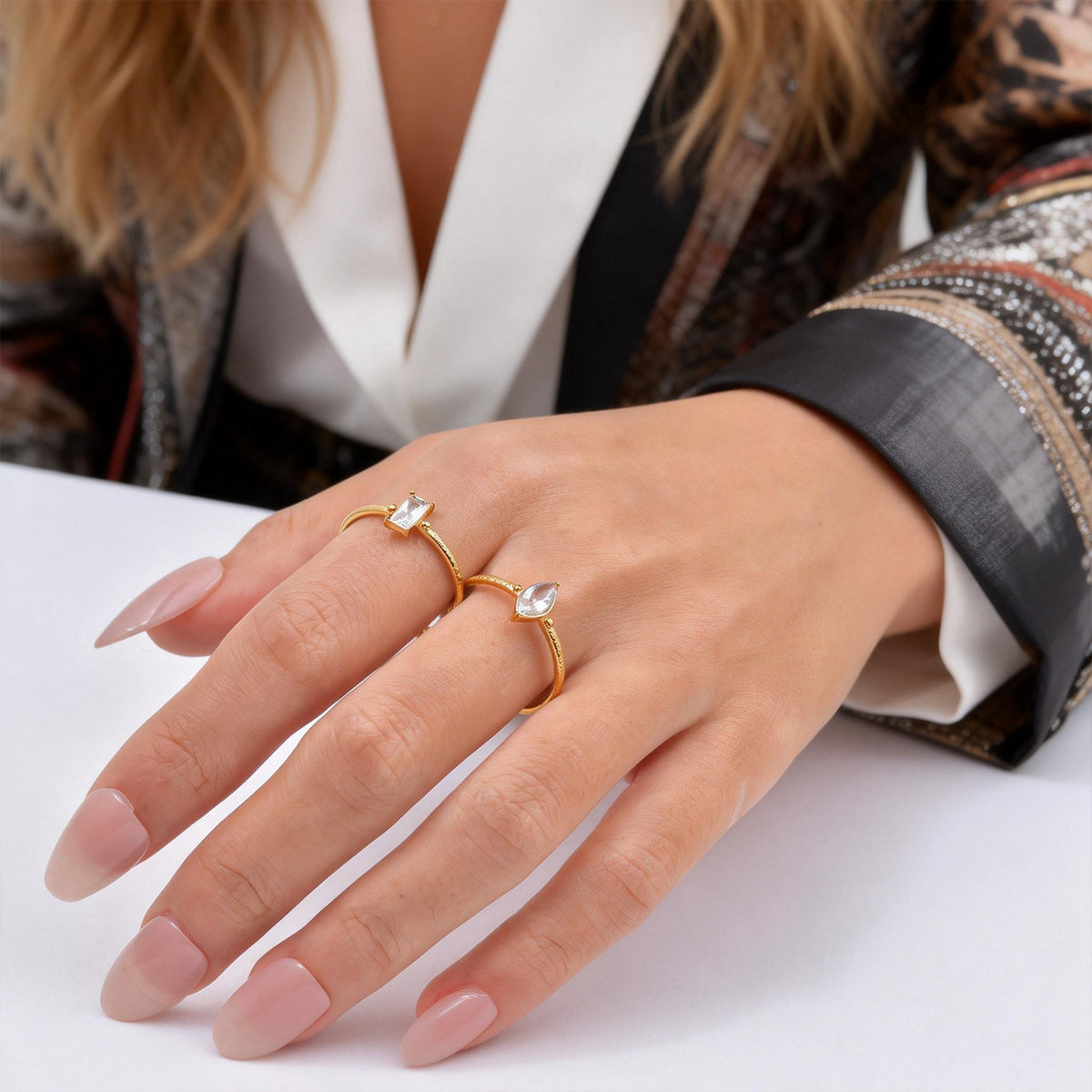 Cold Wind Stainless Steel Horse Eye Square Zircon Open Ring