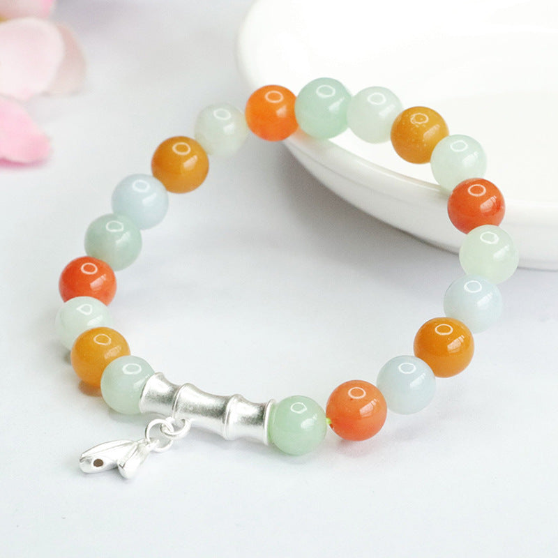 Jadeite Round Bead & Golden Silk Jade 8 mm Beaded Bracelet
