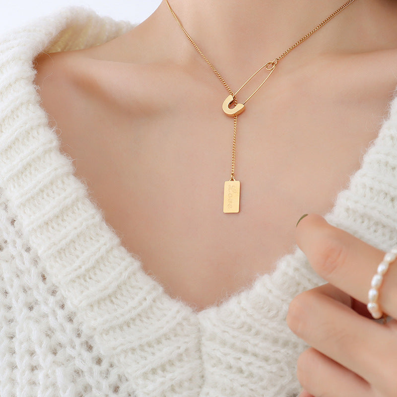 Luxurious Korean-inspired 18k Gold Plated Square Necklace with Pin Detail