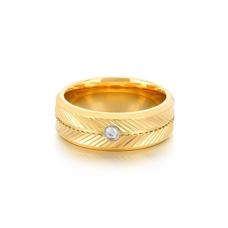 Ring Vacuum Plated Zircon Feather Round Stainless Steel Men's Ring