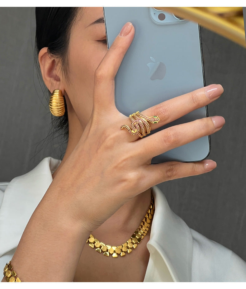Snake Charm Copper Ring with Colored Zircon - Hip-Hop Style Open Index Finger Design