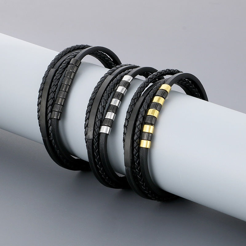 Stainless Steel Black Gold Beaded Leather Cord Bracelet – Multi-Layer Woven Magnetic